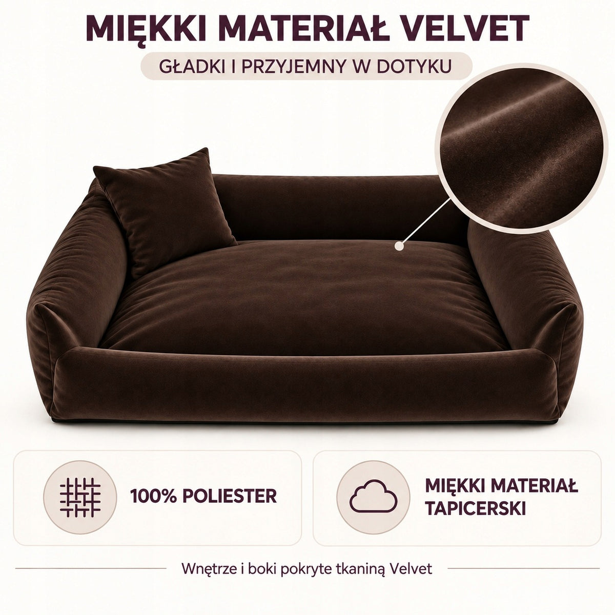 Legowisko dla psa kanapa 95 x 75 cm velvet ze zdejmowanym pokrowcem i poduszką – brązowe