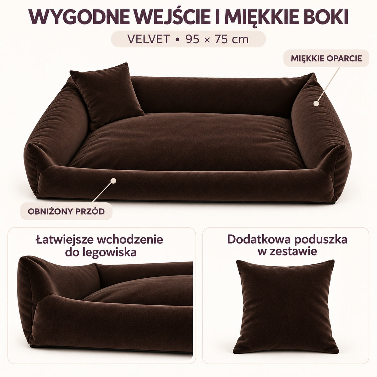 Legowisko dla psa kanapa 95 x 75 cm velvet ze zdejmowanym pokrowcem i poduszką – brązowe