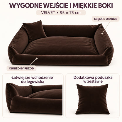 Legowisko dla psa kanapa 95 x 75 cm velvet ze zdejmowanym pokrowcem i poduszką – brązowe