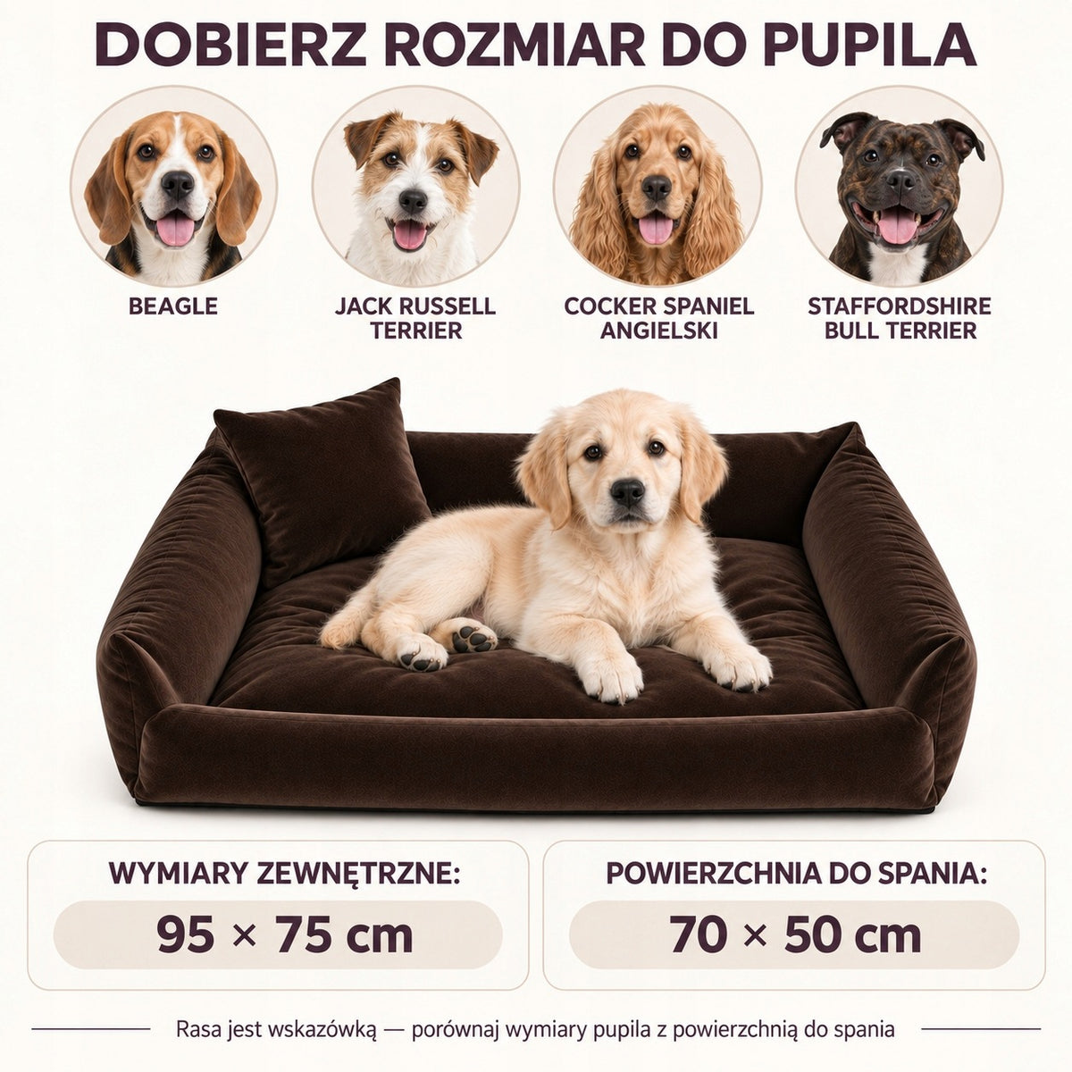 Legowisko dla psa kanapa 95 x 75 cm velvet ze zdejmowanym pokrowcem i poduszką – brązowe