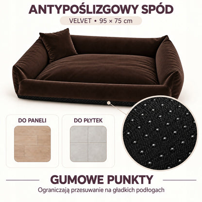 Legowisko dla psa kanapa 95 x 75 cm velvet ze zdejmowanym pokrowcem i poduszką – brązowe