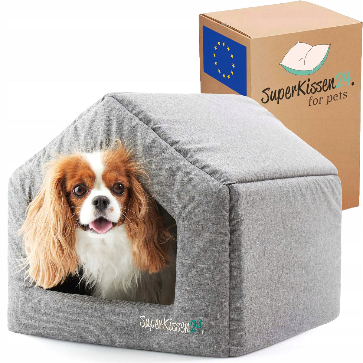 Budka dla psa i kota XL 64 x 50 x 45 cm z wyjmowaną poduszką, hydrofobowa – szara