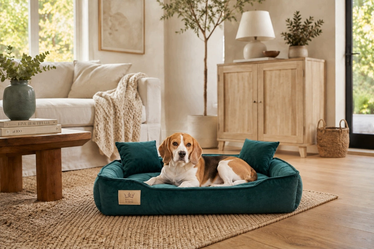 ROYAL DOG Legowisko dla psa i kota welurowe 75 x 65 cm z dwiema poduszkami – zielone