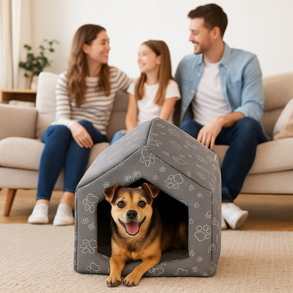 Budka dla psa i kota 48 x 42 x 38 cm z wyjmowaną poduszką z futerkiem, rozmiar L – szara