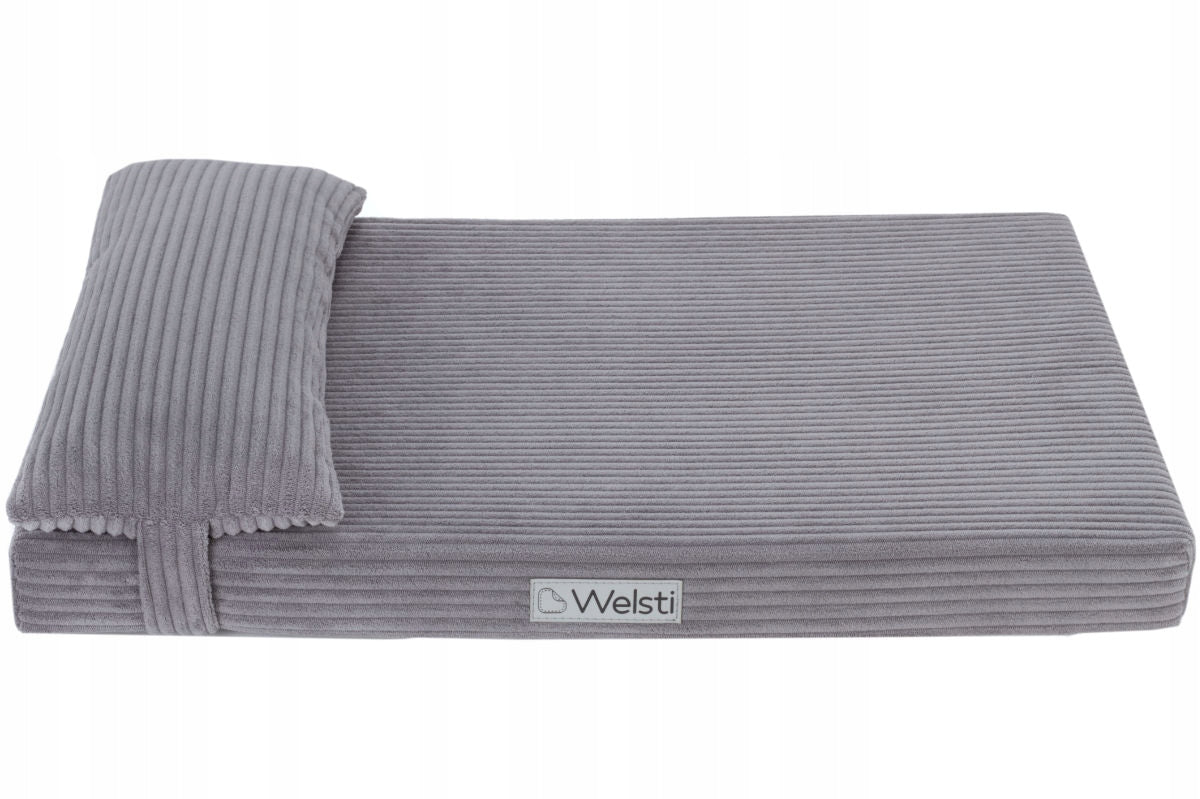 Welsti Legowisko dla psa 100x70 cm z materacem piankowym i poduszką, sztruks – szare