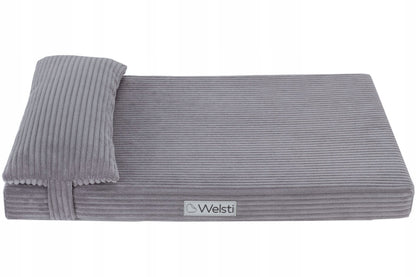 Welsti Legowisko dla psa 100x70 cm z materacem piankowym i poduszką, sztruks – szare