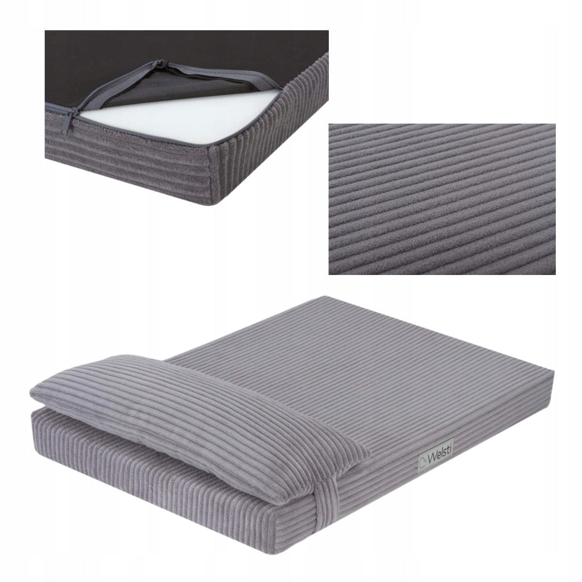Welsti Legowisko dla psa 100x70 cm z materacem piankowym i poduszką, sztruks – szare