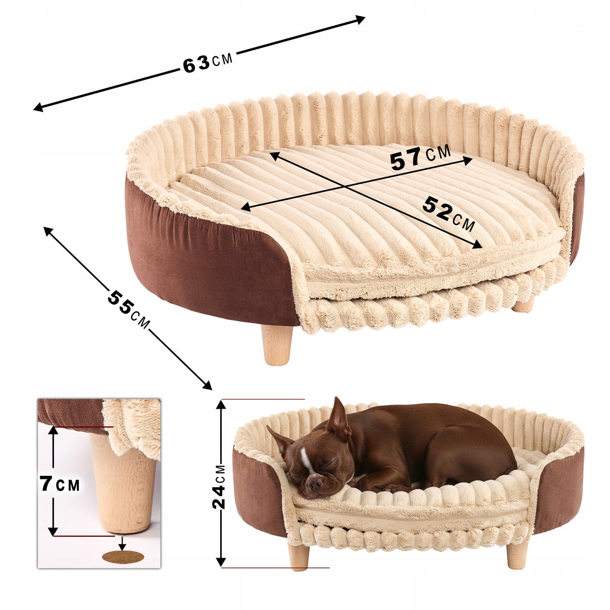 Legowisko ortopedyczne sofa dla kota XL 63 cm, sztruks z pianką, na nóżkach – brązowe