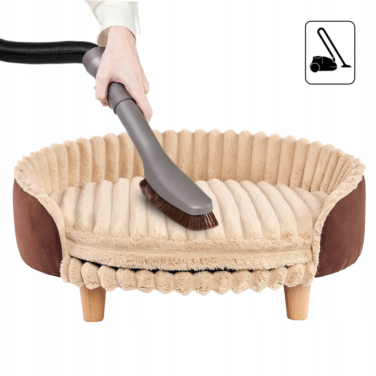 Legowisko ortopedyczne sofa dla kota XL 63 cm, sztruks z pianką, na nóżkach – brązowe