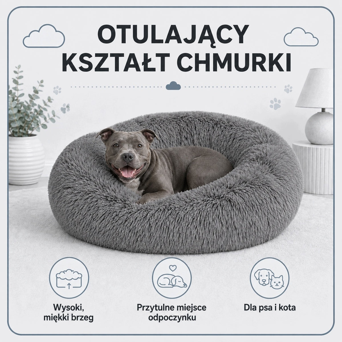 Chmurka Legowisko dla psa i kota Shaggy 80 cm owalne z wysokim brzegiem – szare