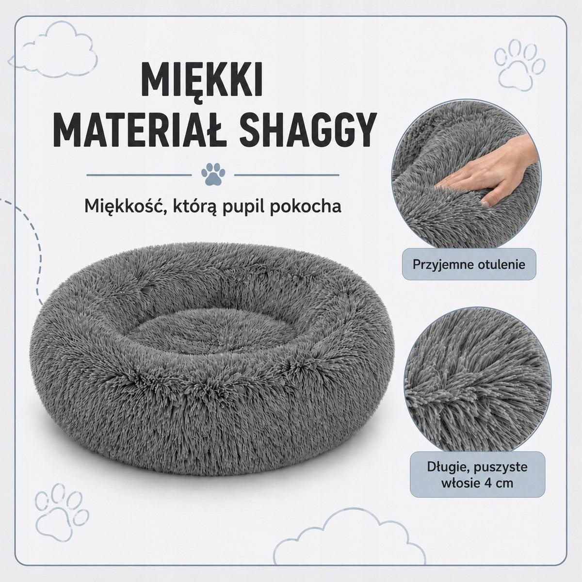 Chmurka Legowisko dla psa i kota Shaggy 80 cm owalne z wysokim brzegiem – szare