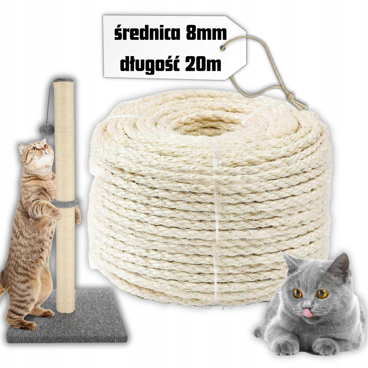 Lina sizalowa 8 mm 20 m do drapaka dla kota – naturalny sizal, skręcana 3-żyłowa, biała