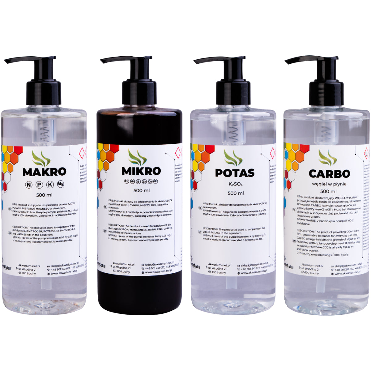 Akwarium-net.pl Zestaw nawozów do akwarium roślinnego 4 x 500 ml – Makro, Mikro, Potas, Carbo
