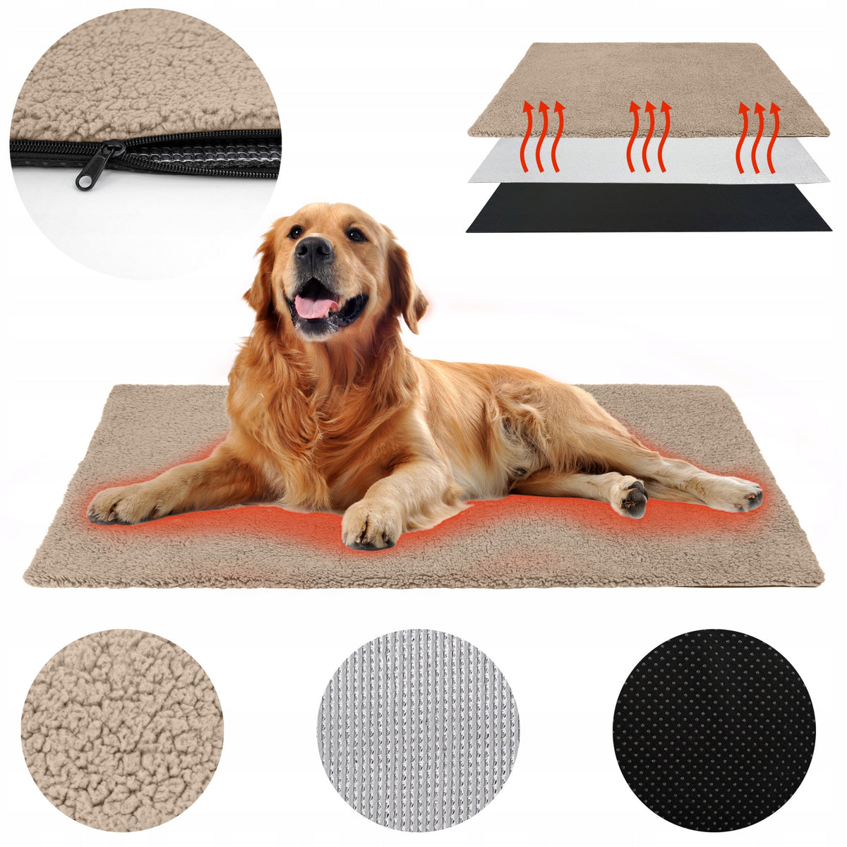 Dogguru Mata termoizolacyjna dla psa 100x70 cm, antypoślizgowa, z pokrowcem – beżowa