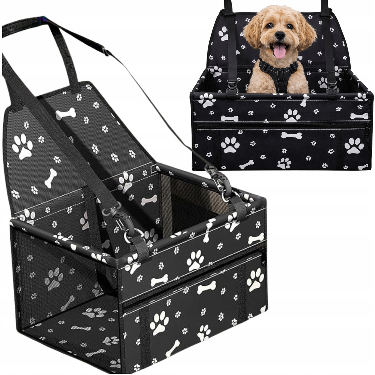 Fotelik samochodowy dla psa do 20 kg wodoodporny, mocowanie na zagłówki – czarny