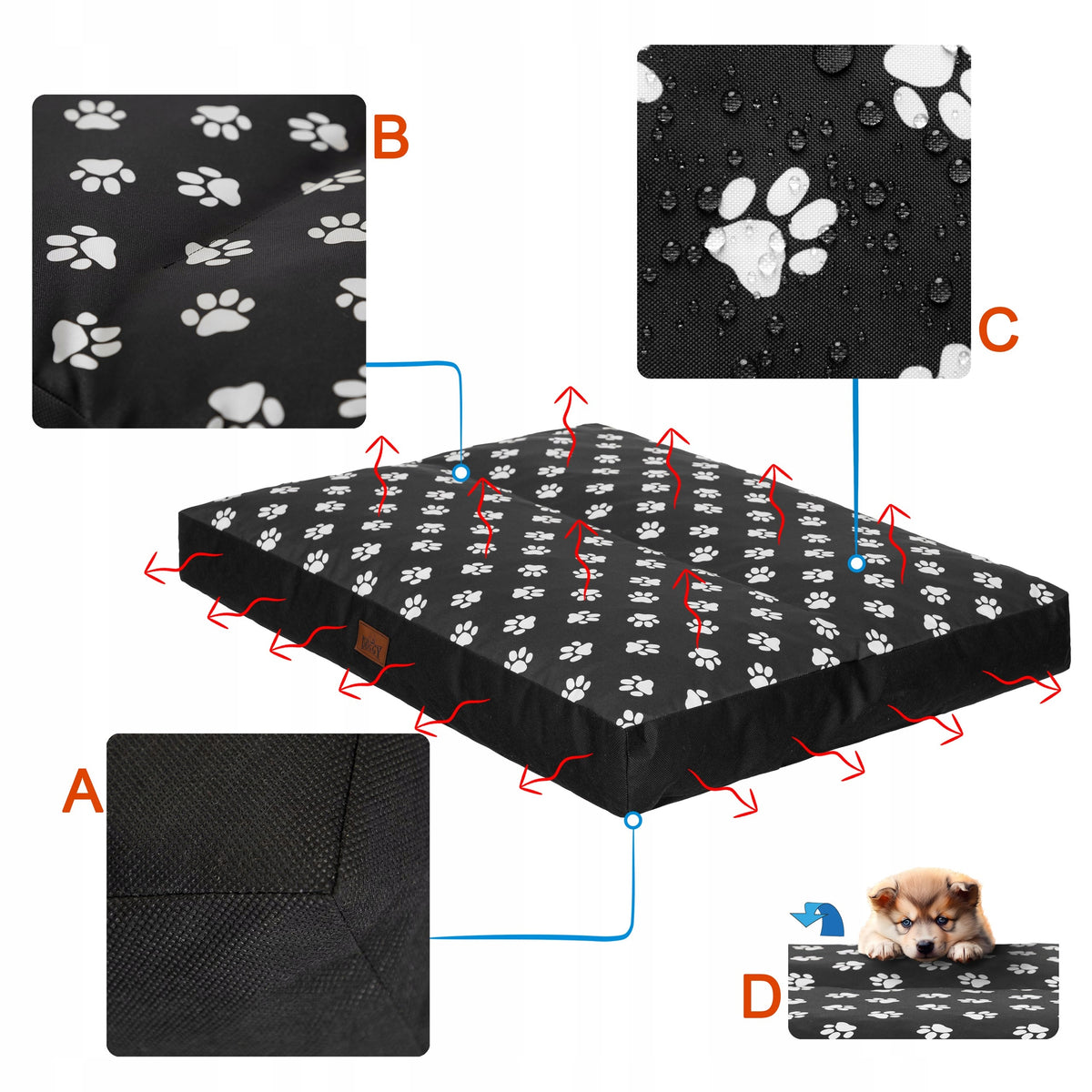 Materac dla psa wodoodporny XL 110x90 cm, grubość 12 cm, dla dużych psów – wielokolorowy