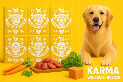 Mrożone mięso dla psa BARF 10 kg – wołowina i indyk z kością, 40 kostek po 250 g