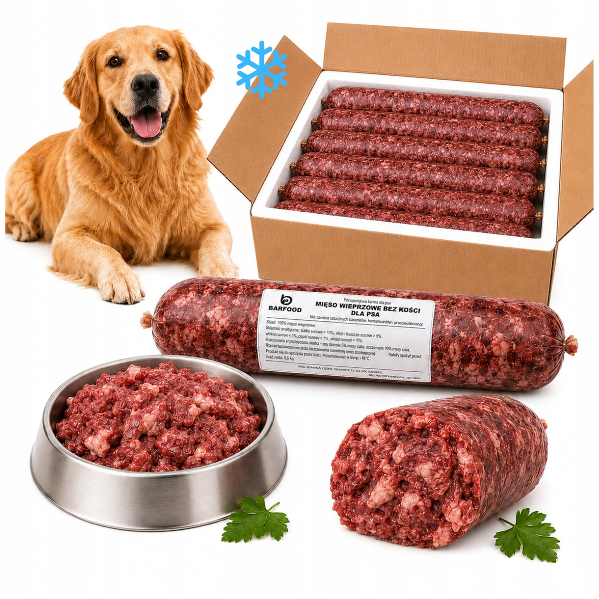 Mięso mrożone dla psa BARF 10 kg – 100% wieprzowina bez kości, 10 batonów