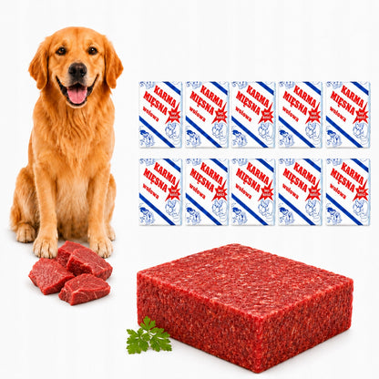 Mrożone mięso wołowe dla psa BARF 10 kg – 100% wołowina bez kości, kostki 40 x 250 g