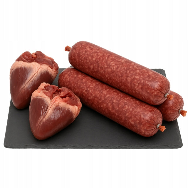 Mrożone mięso wołowe dla psa BARF z sercami wołowymi, bez kości – 10 batonów po 1 kg