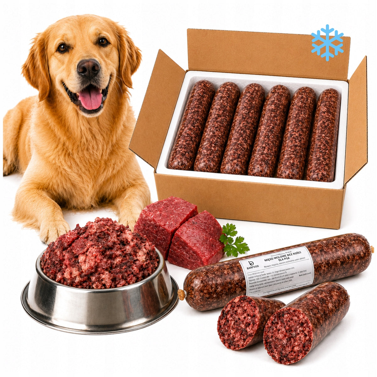 Mięso mrożone dla psa BARF 10 kg – 100% wołowina bez kości, 10 batonów po 1 kg