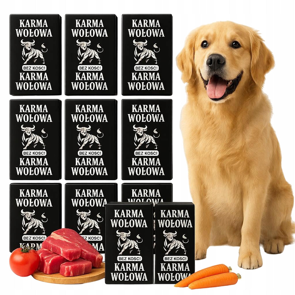 Mrożone mięso wołowe BARF dla psa bez kości 10 kg – 40 kostek po 250 g, 100% wołowina