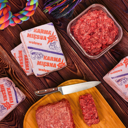 Mięso mrożone dla psa BARF 10 kg, 40 kostek po 250 g, bez zbóż – wołowina