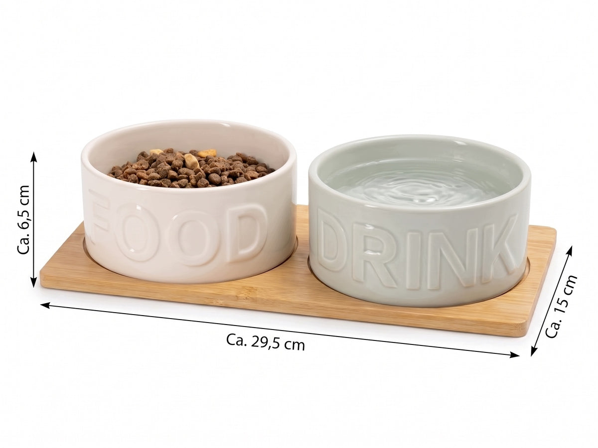 Podwójna miska ceramiczna dla psa i kota 2 x 400 ml na bambusowej podstawie – biała