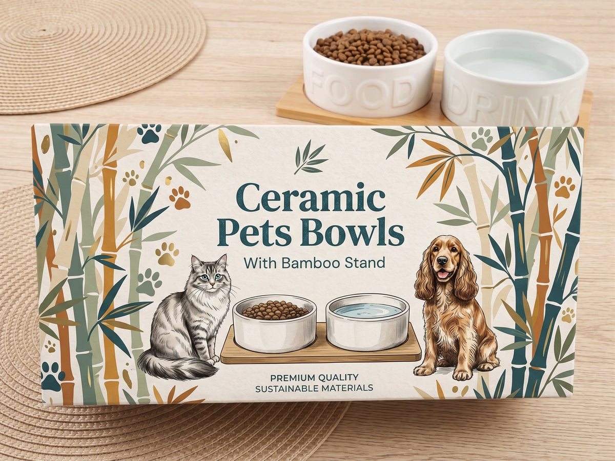 Podwójna miska ceramiczna dla psa i kota 2 x 400 ml na bambusowej podstawie – biała