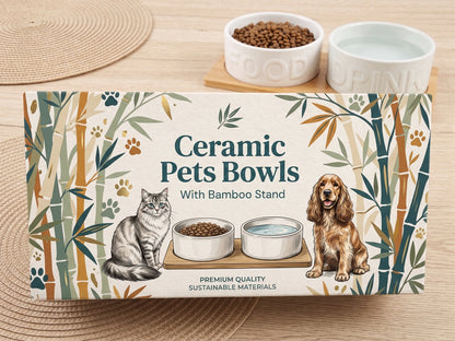 Podwójna miska ceramiczna dla psa i kota 2 x 400 ml na bambusowej podstawie – biała