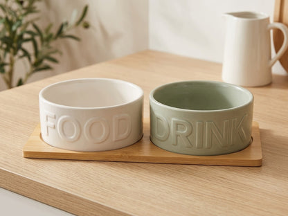 Podwójna miska ceramiczna dla psa i kota 2 x 400 ml na bambusowej podstawie – biała