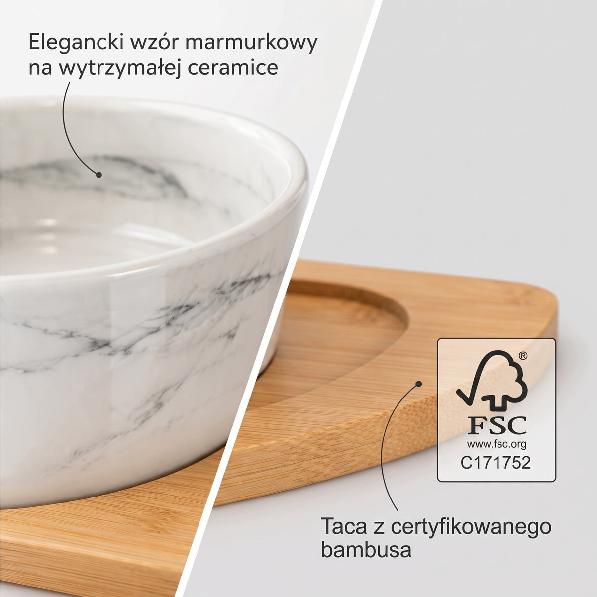 Podwójna miska ceramiczna dla psa i kota 2 x 0,4 l na bambusowej podstawie – marmur