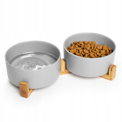 Podwójna miska ceramiczna dla psa i kota 2 x 850 ml na stojaku z bambusa – szara