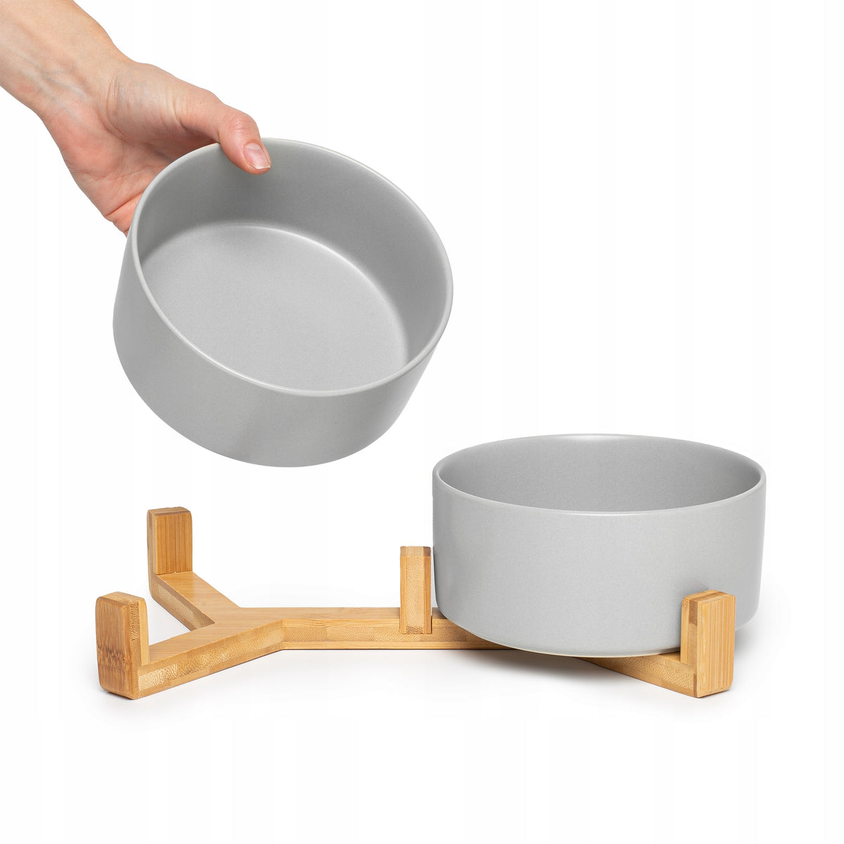 Podwójna miska ceramiczna dla psa i kota 2 x 850 ml na stojaku z bambusa – szara