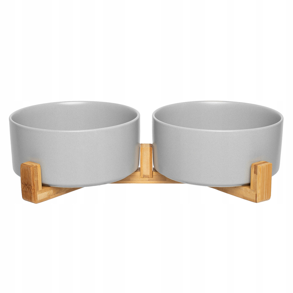 Podwójna miska ceramiczna dla psa i kota 2 x 850 ml na stojaku z bambusa – szara