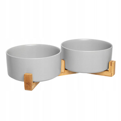 Podwójna miska ceramiczna dla psa i kota 2 x 850 ml na stojaku z bambusa – szara