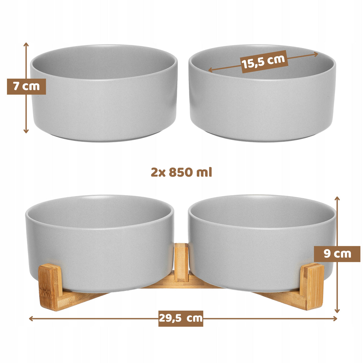 Podwójna miska ceramiczna dla psa i kota 2 x 850 ml na stojaku z bambusa – szara