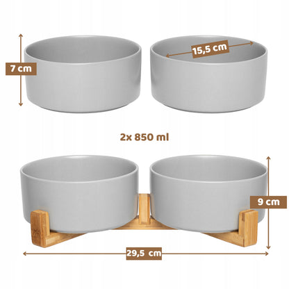 Podwójna miska ceramiczna dla psa i kota 2 x 850 ml na stojaku z bambusa – szara