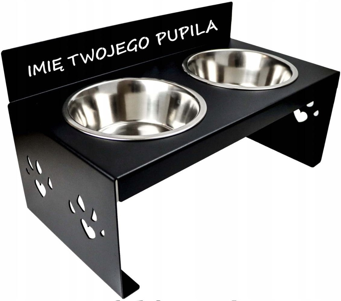 Podwójna miska dla psa na stojaku metalowym 2 x 1,8 l z imieniem pupila – czarna