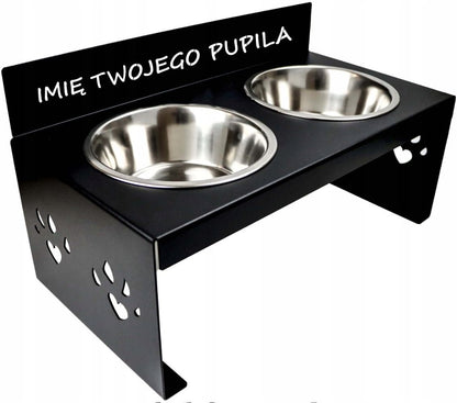 Podwójna miska dla psa na stojaku metalowym 2 x 1,8 l z imieniem pupila – czarna