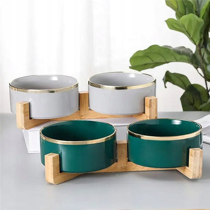 PAGMIL Podwójna miska ceramiczna dla psa i kota 2 x 400 ml na drewnianym stojaku – zielona
