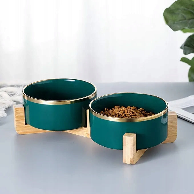 PAGMIL Podwójna miska ceramiczna dla psa i kota 2 x 400 ml na drewnianym stojaku – zielona