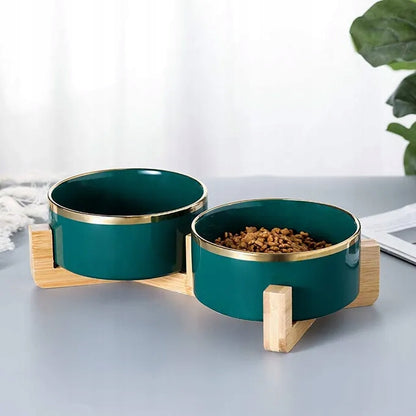 PAGMIL Podwójna miska ceramiczna dla psa i kota 2 x 400 ml na drewnianym stojaku – zielona