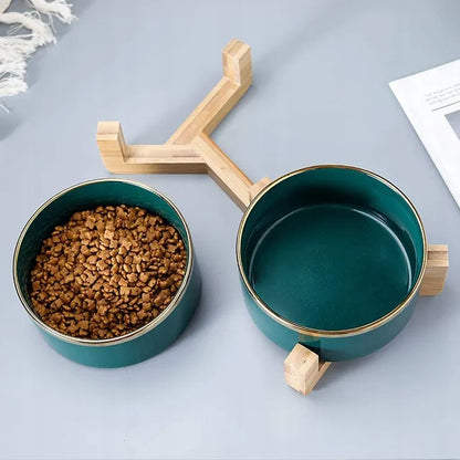 PAGMIL Podwójna miska ceramiczna dla psa i kota 2 x 400 ml na drewnianym stojaku – zielona