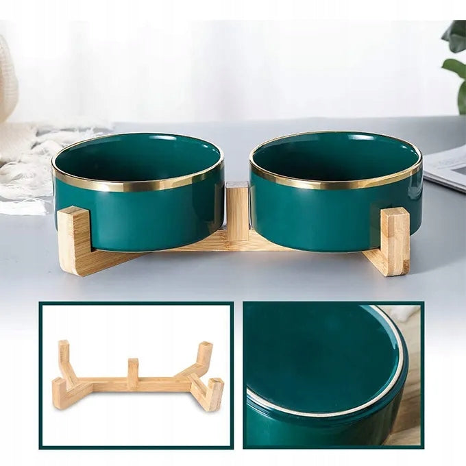 PAGMIL Podwójna miska ceramiczna dla psa i kota 2 x 400 ml na drewnianym stojaku – zielona