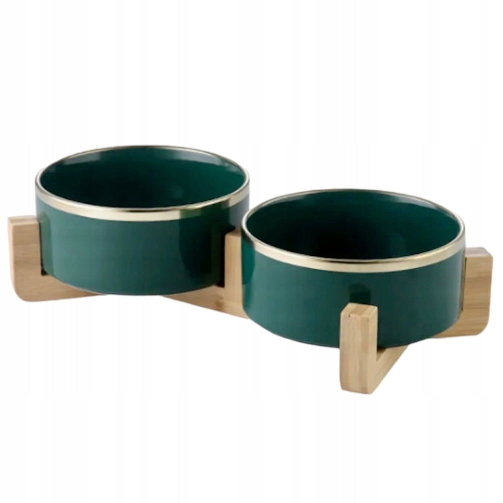 PAGMIL Podwójna miska ceramiczna dla psa i kota 2 x 400 ml na drewnianym stojaku – zielona