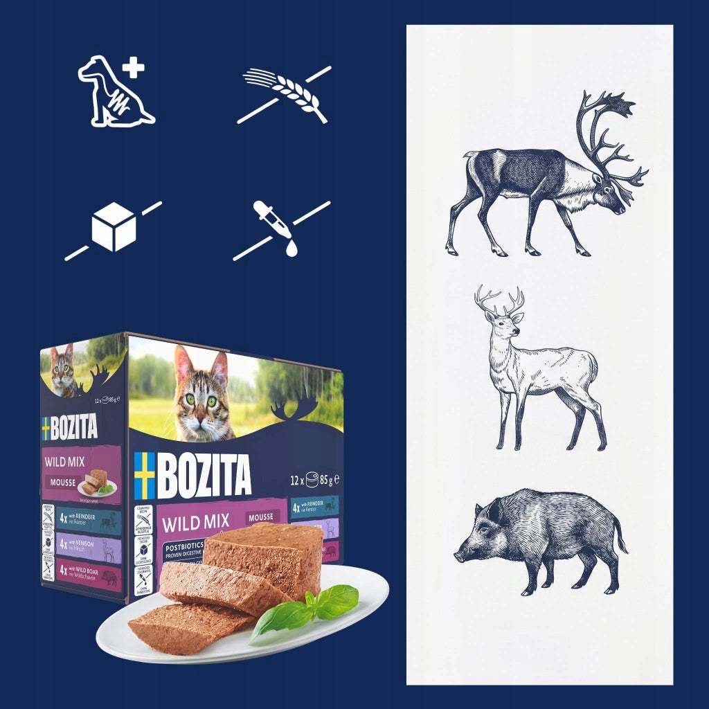 Bozita mokra karma dla kota bezzbożowa 12 x 85 g – mus z dziczyzną, renifer i dzik