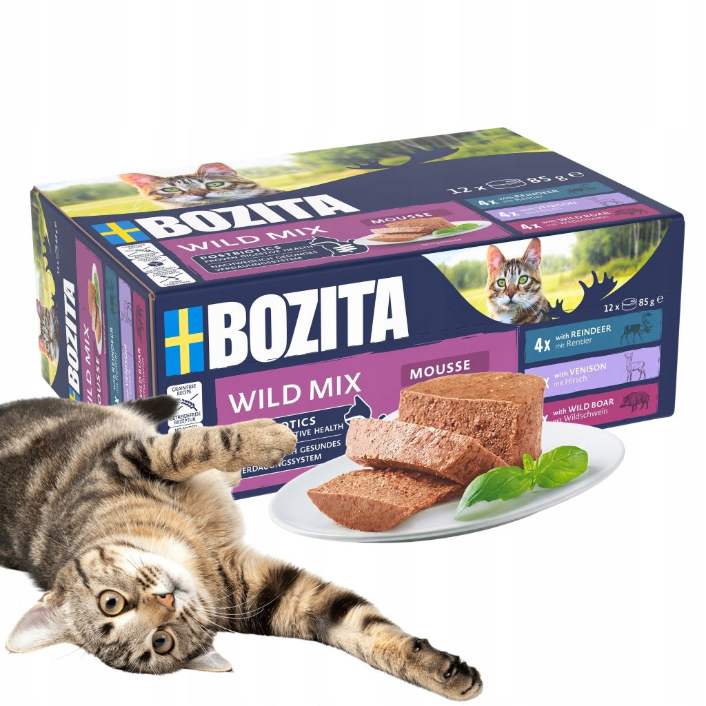 Bozita mokra karma dla kota bezzbożowa 12 x 85 g – mus z dziczyzną, renifer i dzik