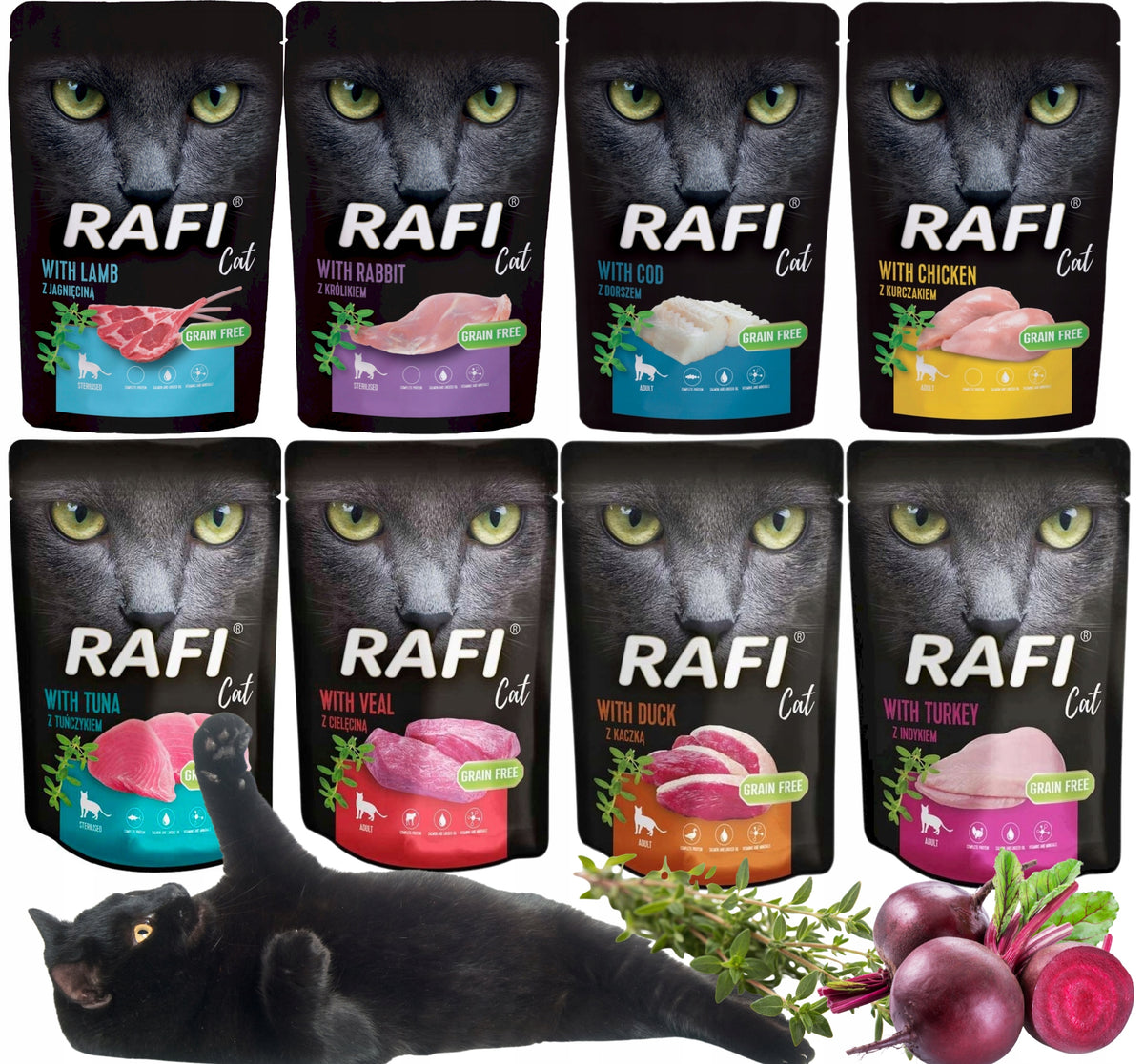 Rafi Mokra karma dla kotów sterylizowanych 24 x 100 g bezzbożowa w saszetkach – mix 6 smaków
