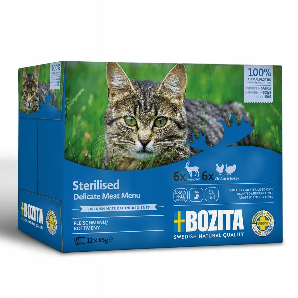 Bozita Sterilised mokra karma dla kota 12 x 85 g bezzbożowa w sosie – kurczak i renifer